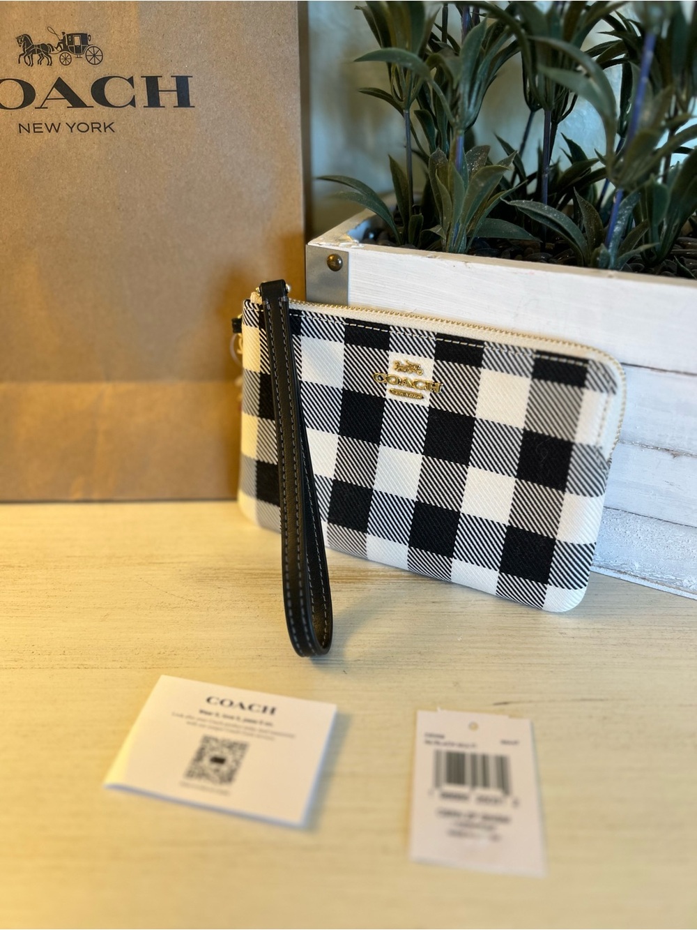 Coach Corner Zip Wristlet with Black & White  Gingham Print and Cherry Charm NWT